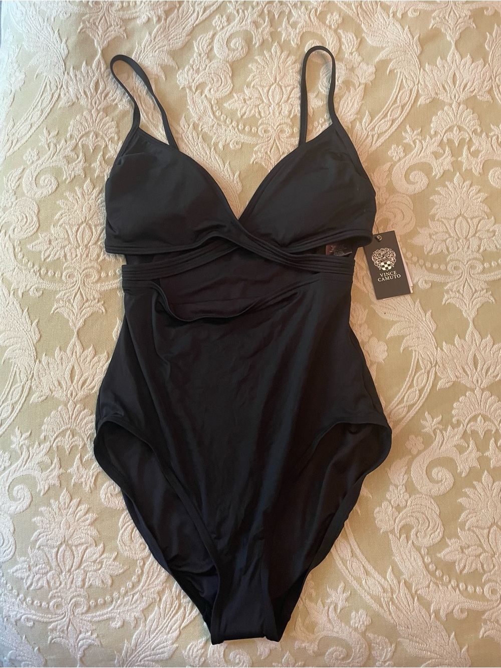 Vince Camuto Black Swimsuit Women’s Cross Front Wrap Sz 12 one-piece NWT